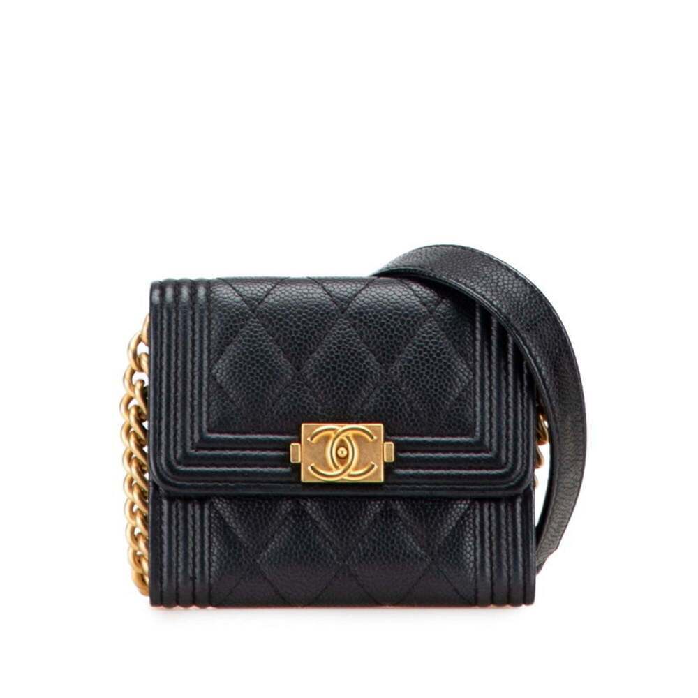 CHANEL Authentic Black Caviar Leather Logo Wallet